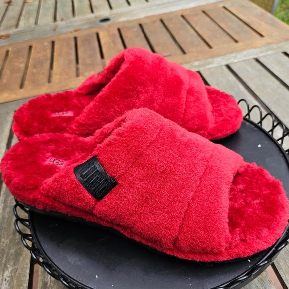 UGG Slides Samba Red Mens M FLUFF YOU Indoor Outdoor Slippers Sandals 12 USA 45 - Picture 2 of 14